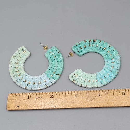 Boho Raffia Ombre Hoop Pierced Earrings Statement Gold tone 2.5"
