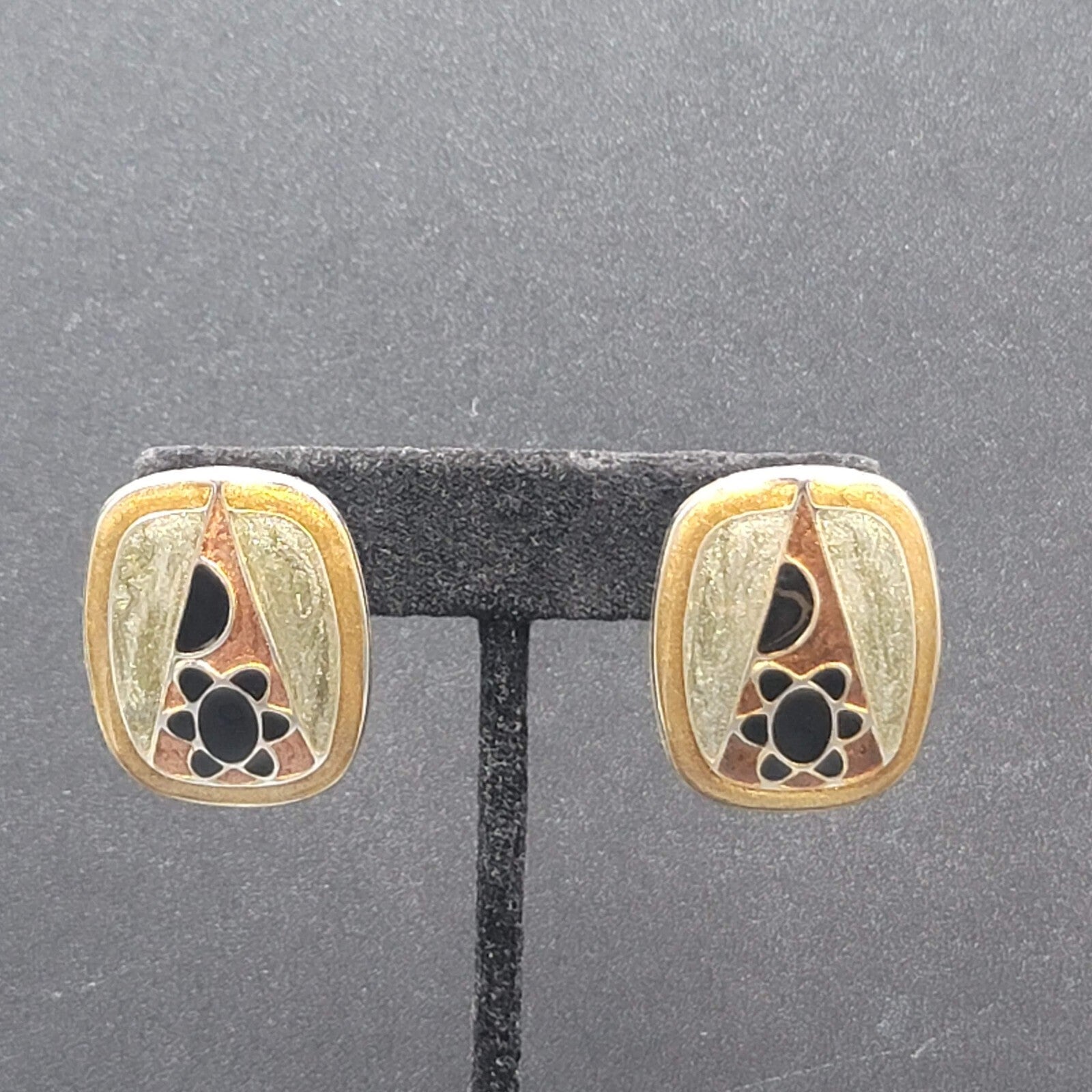 Vintage Pierced Earrings Multicolor Enamel Rectangle Art Drop 1.25"