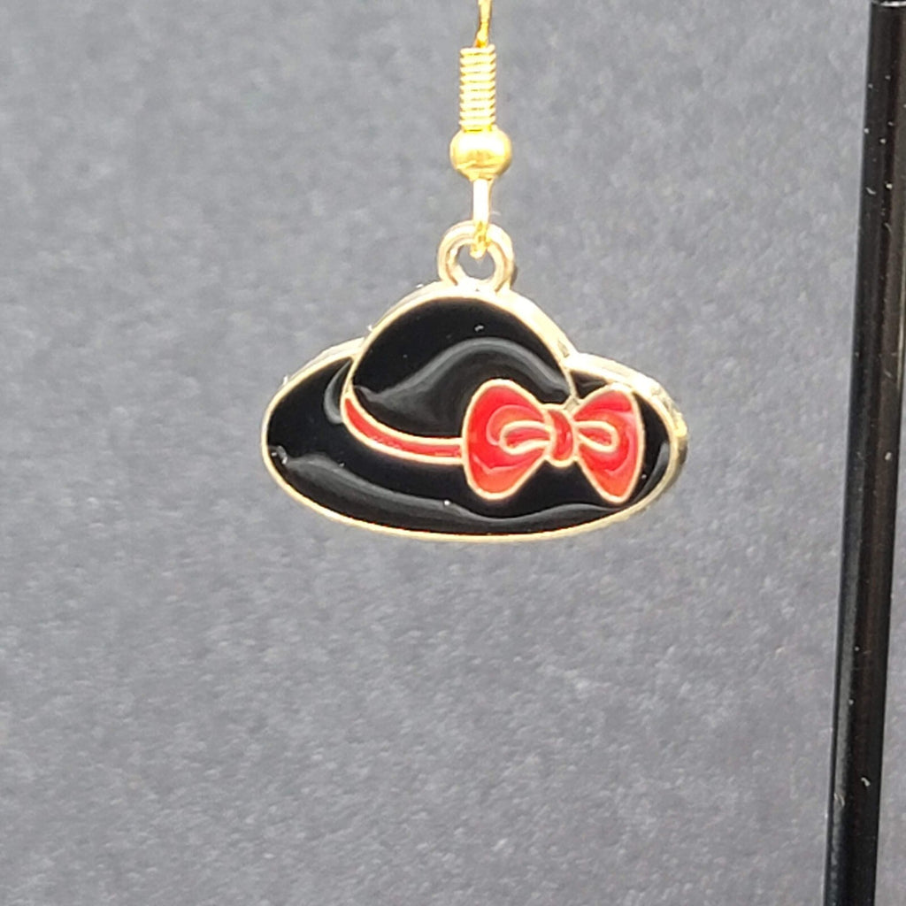 Hat Pierced Earrings Gold tone Red Black Enamel Dangle 5/8"