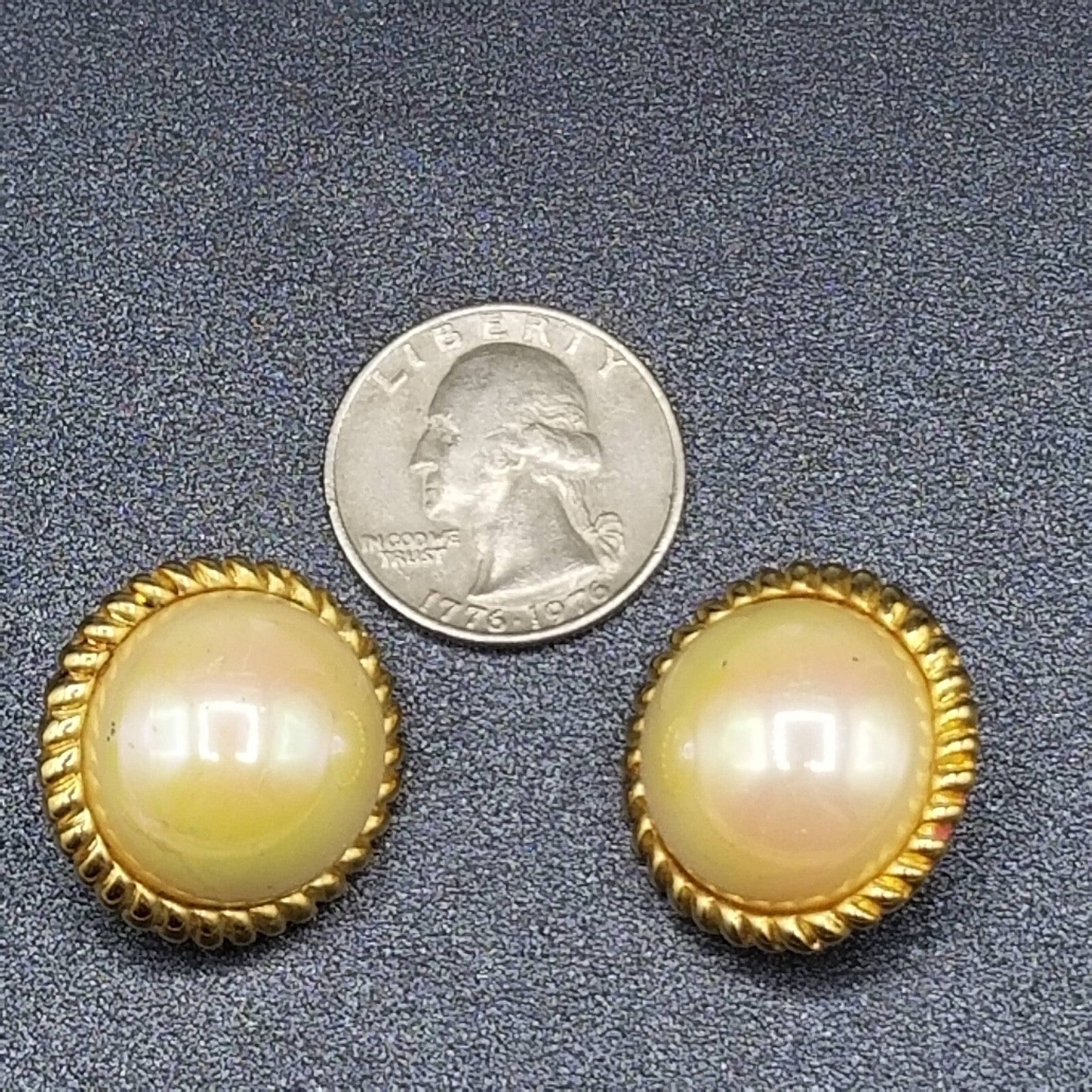 Vintage Clip on Earrings Gold tone Iridescent Button Style Dome Stud 1"