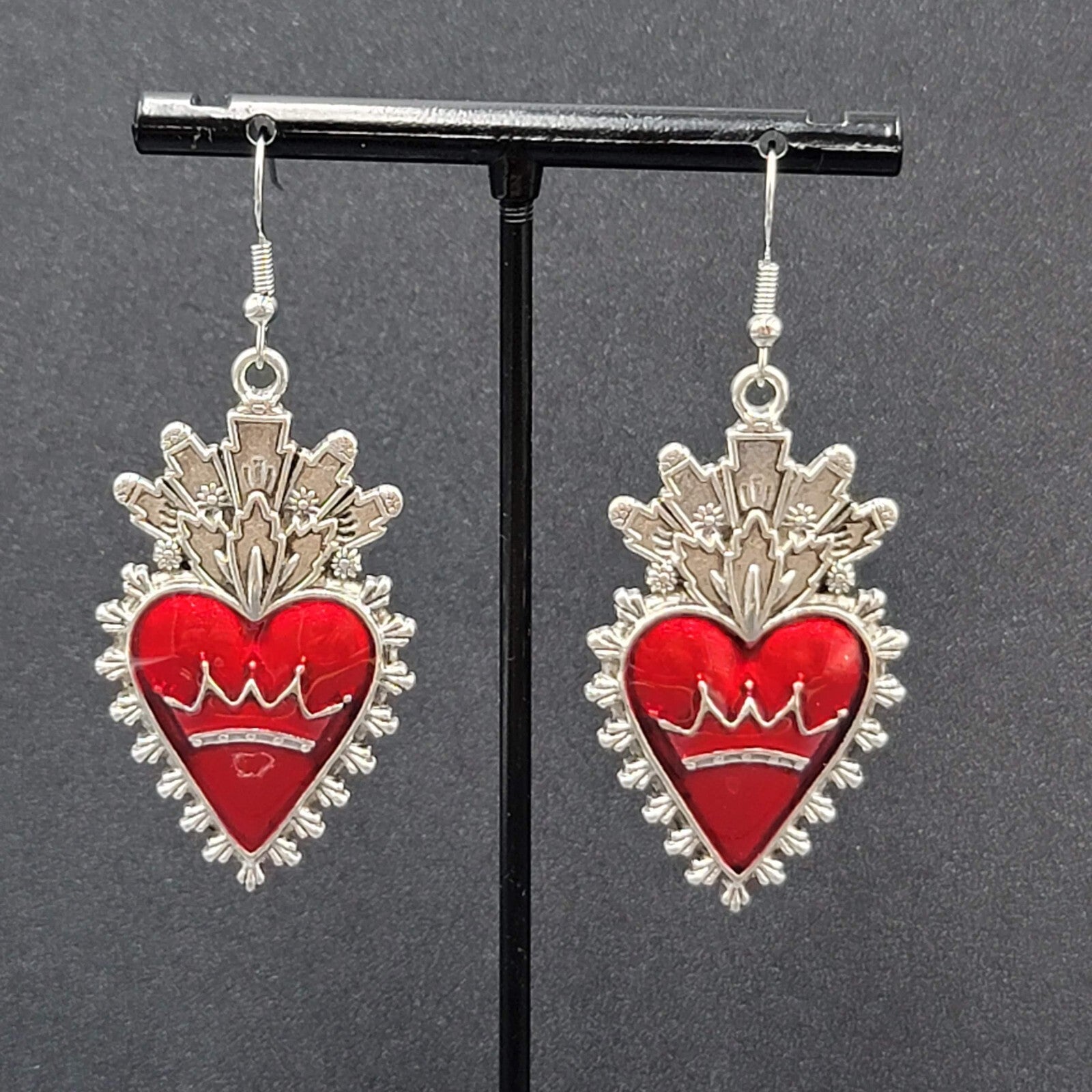 New Crown Heart Pierced Earrings Silver tone Red Goth Rock Dangle 1.75"