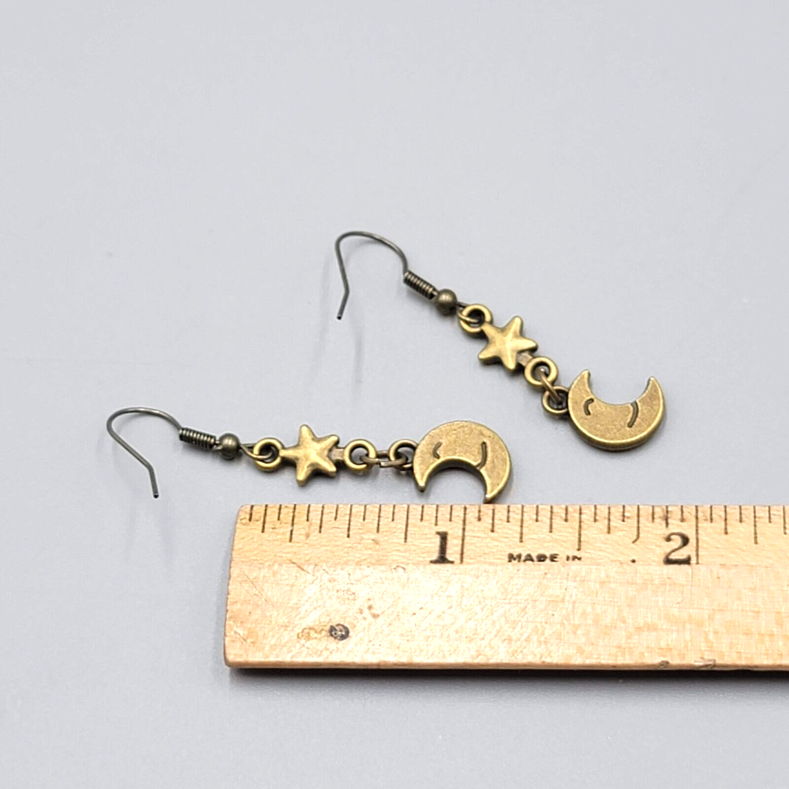 New Crescent Smiling Moon Star Pierced Earrings Bronze tone Dangle 1.25"