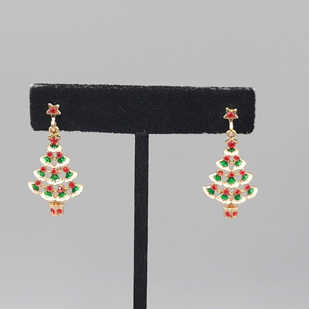Christmas Tree Pierced Earrings Gold tone Dangle 1.25 in