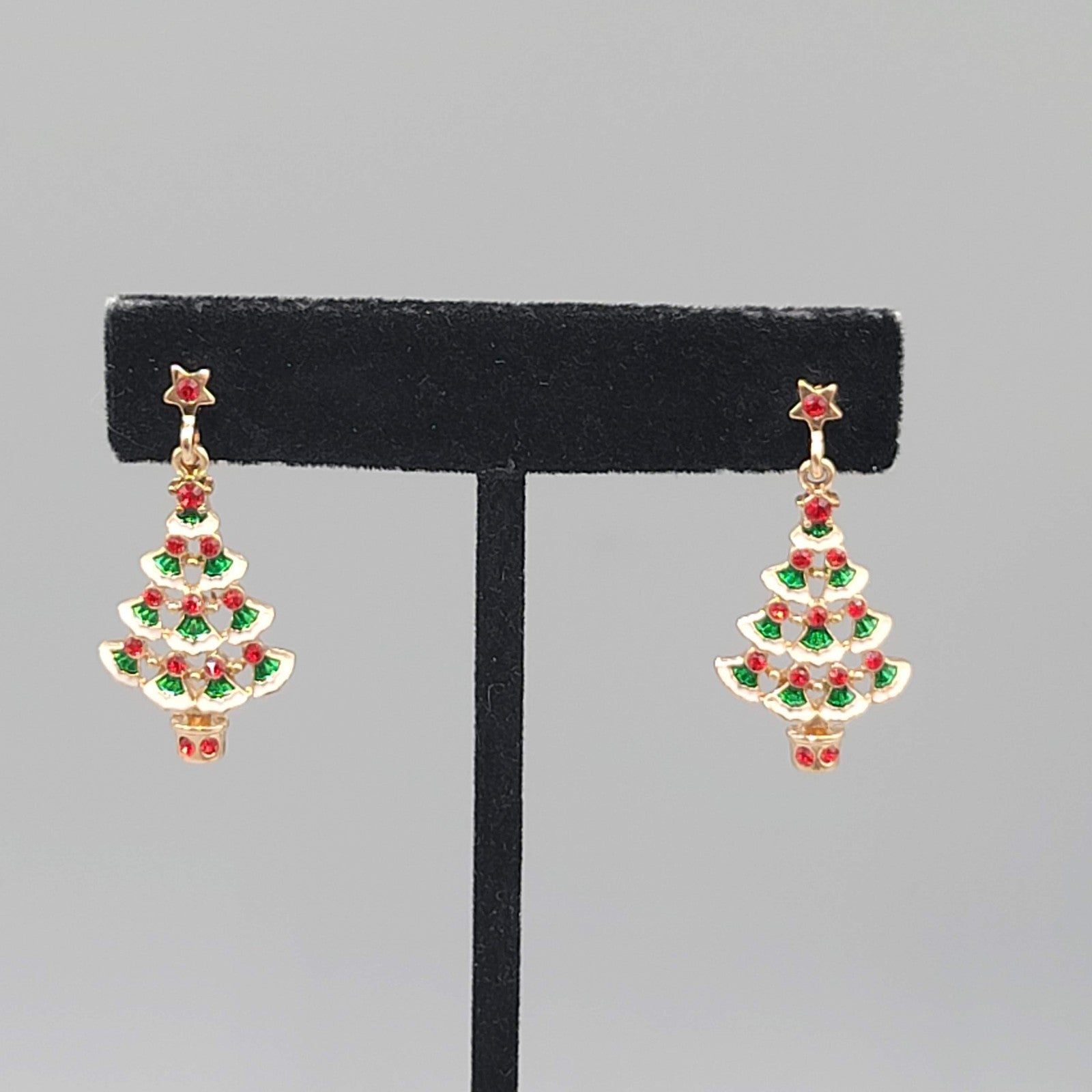 Christmas Tree Pierced Earrings Gold tone Dangle 1.25 in