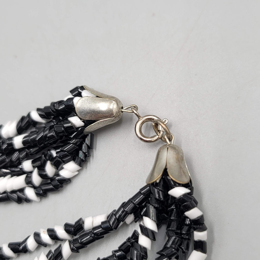 Vintage Black White Glass Bead Necklace Multi Strand 18"