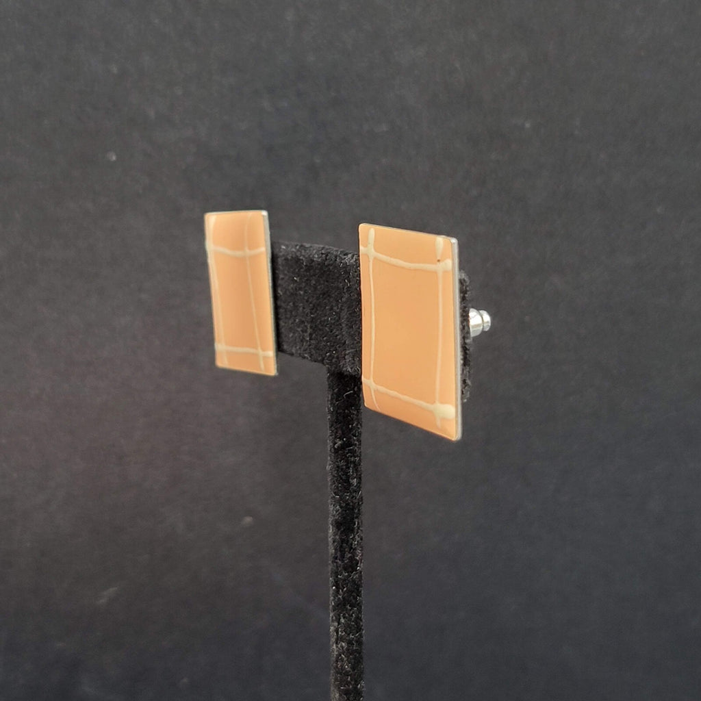 Vintage Pierced Earrings Peach Enamel Square Studs 7/8"