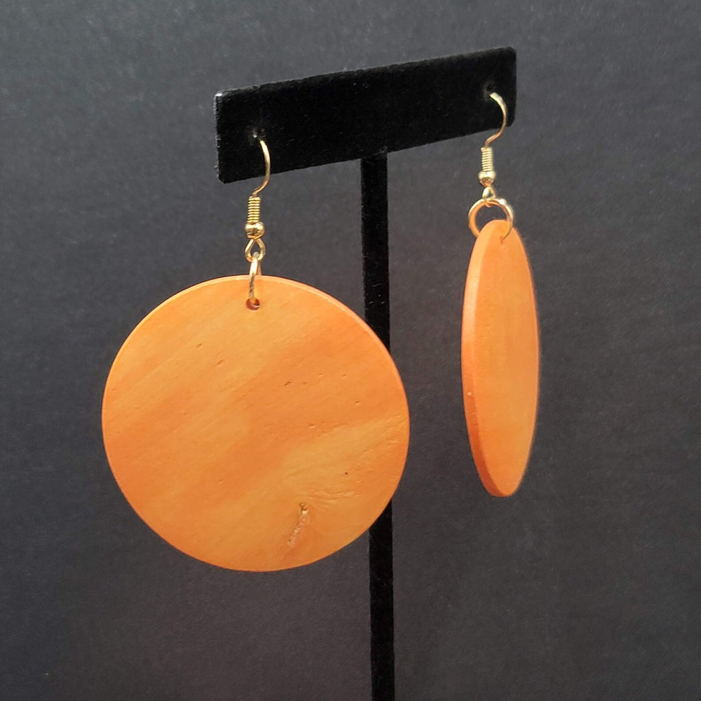 New Boho Pierced Earrings Orange Large Round Wood Disc Dangle 2"