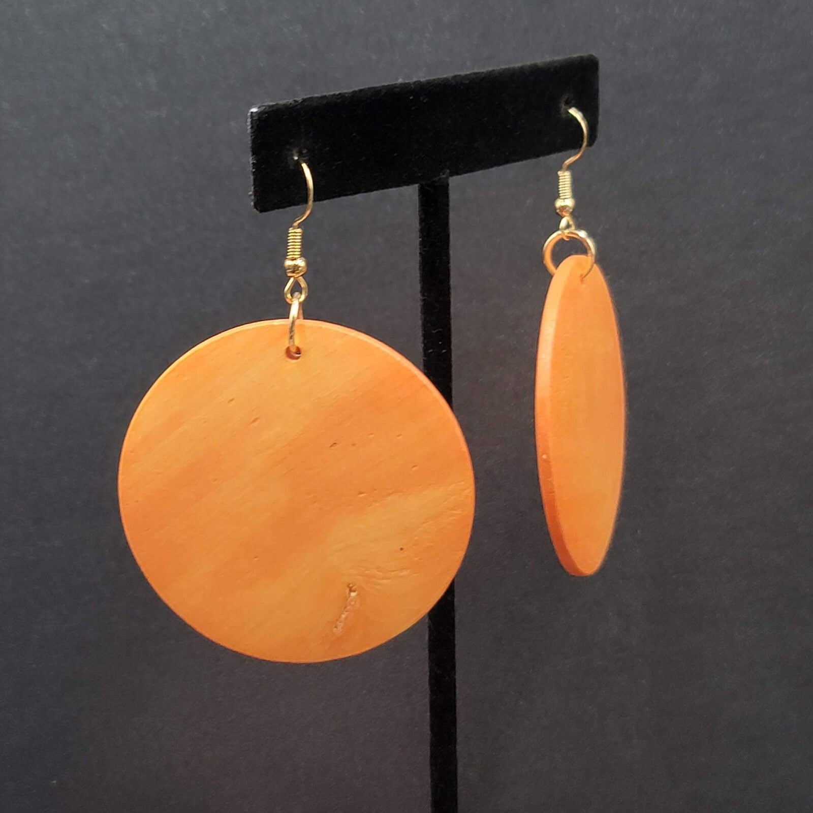 New Boho Pierced Earrings Orange Large Round Wood Disc Dangle 2"