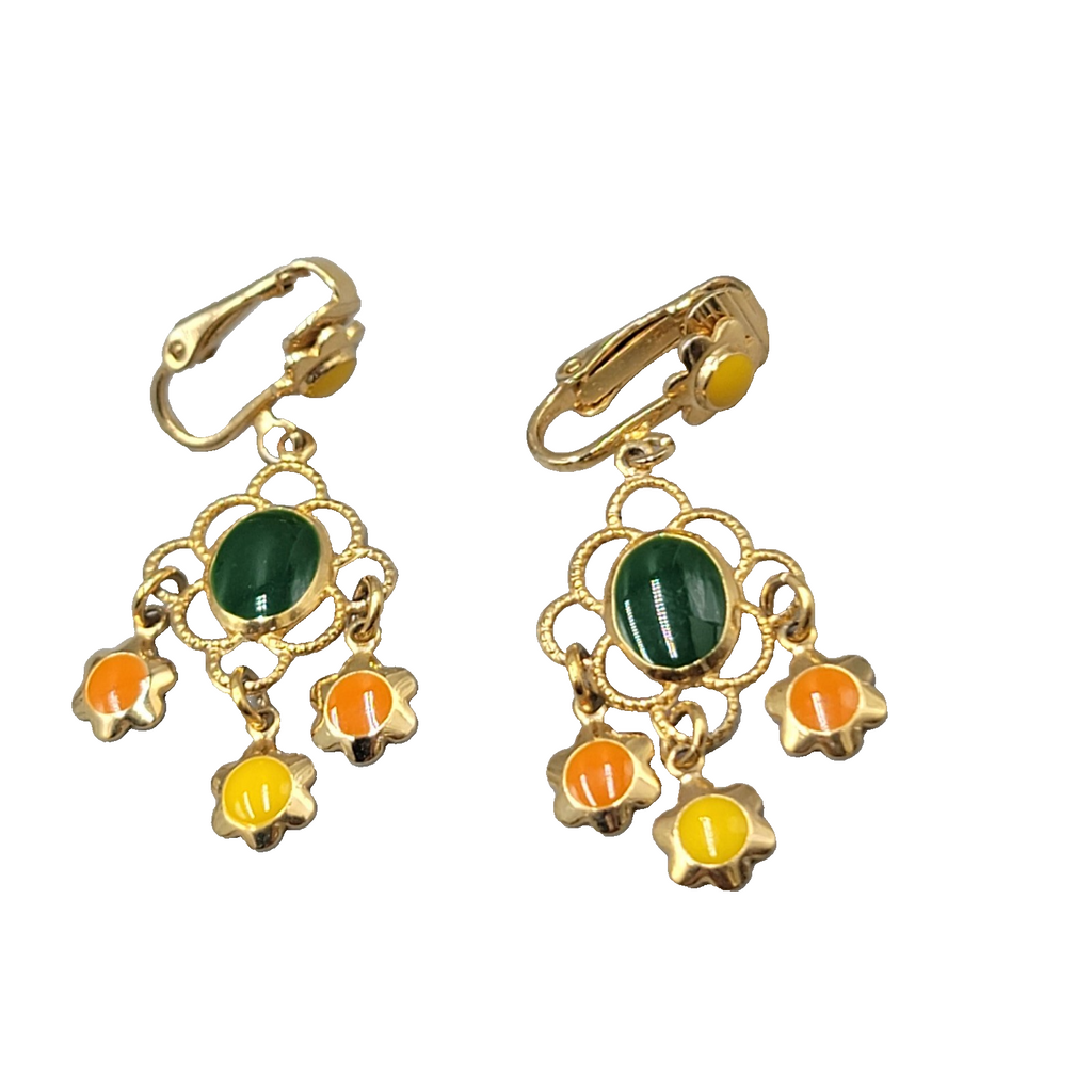 Vtg Celebrity Clip on Earrings Gold tone Dangle Orange Green Yellow Enamel 1.25"