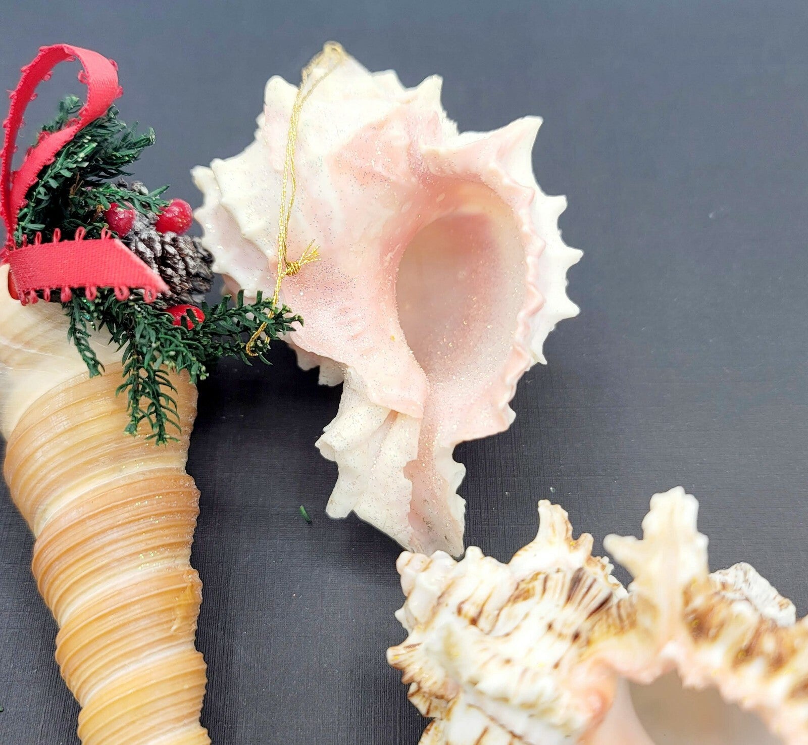 Sea Shell Christmas Ornaments Large Holiday White Glitter Lot of 3