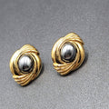 Vintage Avon Cavier Pierced Earrings Gold tone Dark Gray Satin Cabochon 1"