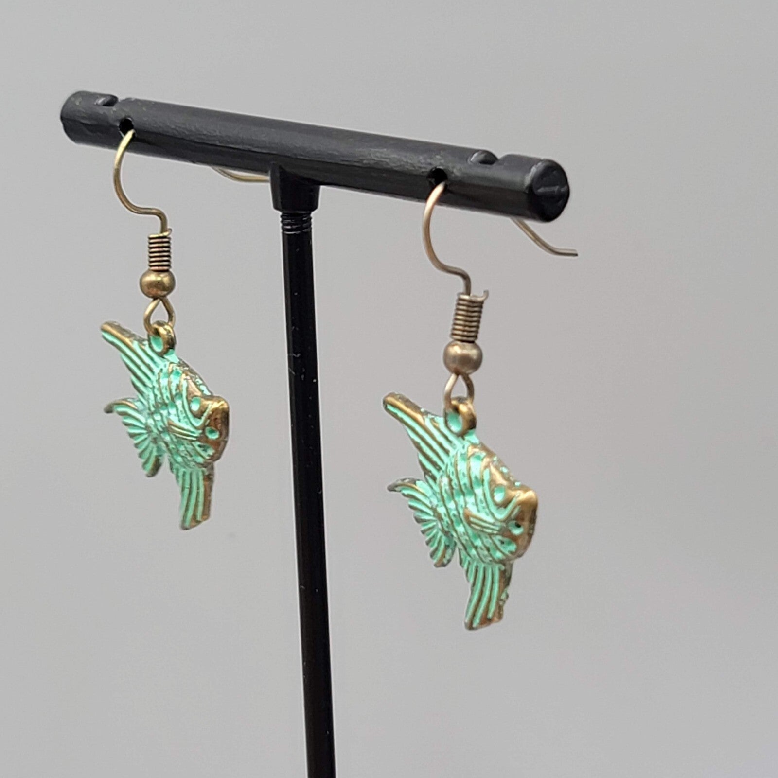 Angelfish Beach Sea life Pierced Earrings Bronze tone Green wash Dangle 3/4"