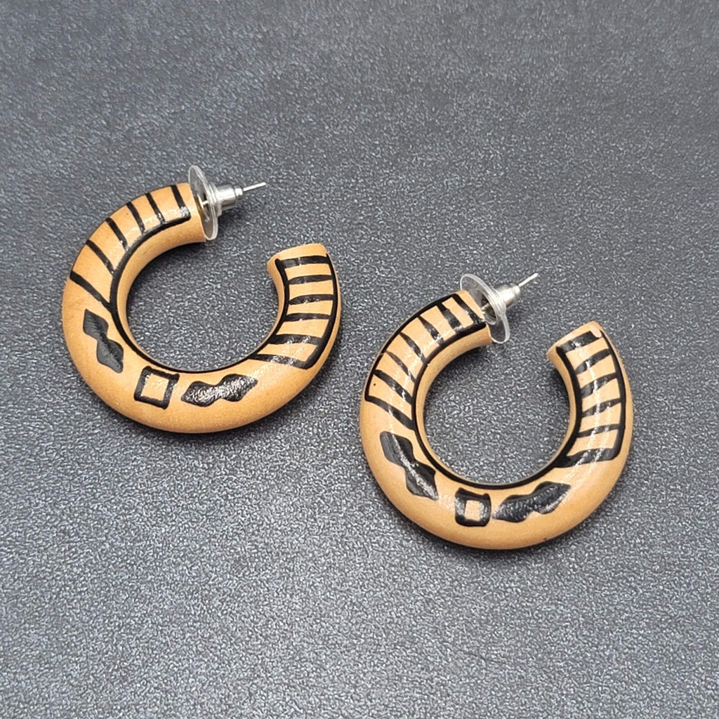 Vintage Pierced Earrings Wood Hoops Hand Painted Black 1 3/8"
