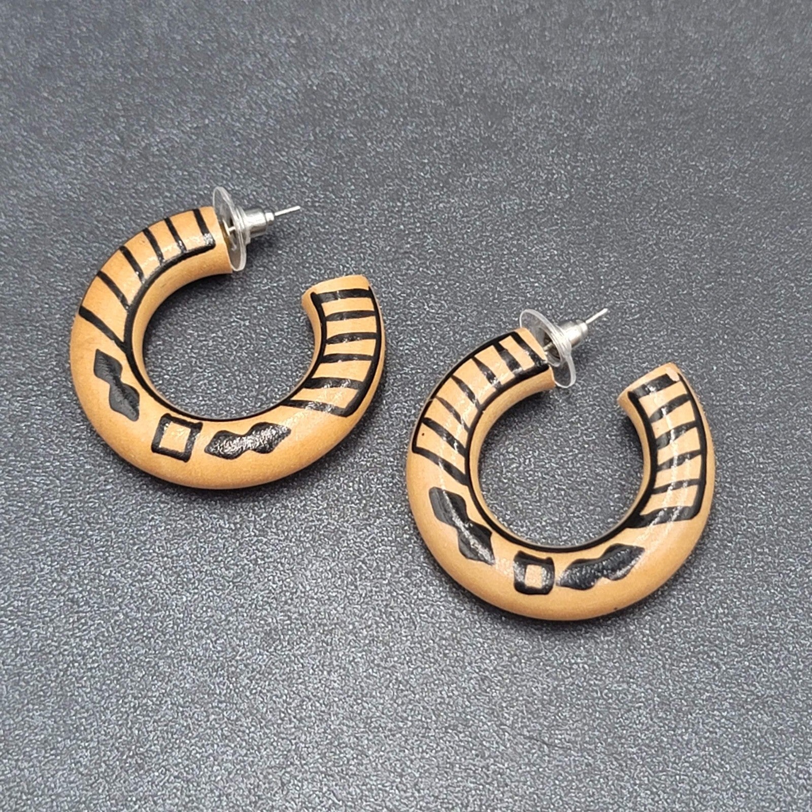 Vintage Pierced Earrings Wood Hoops Hand Painted Black 1 3/8"