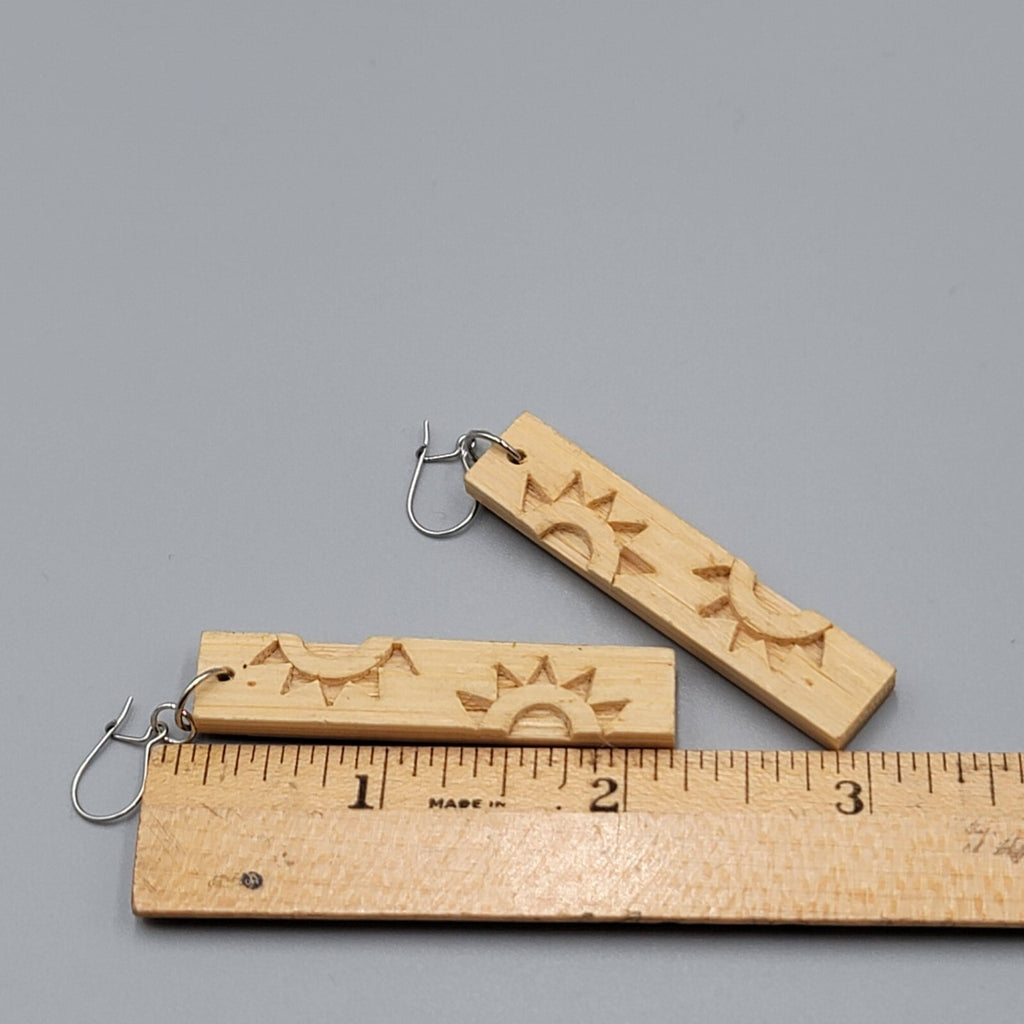 Sun Motif Wood Pierced Earrings Silver tone Dangle 2.25"