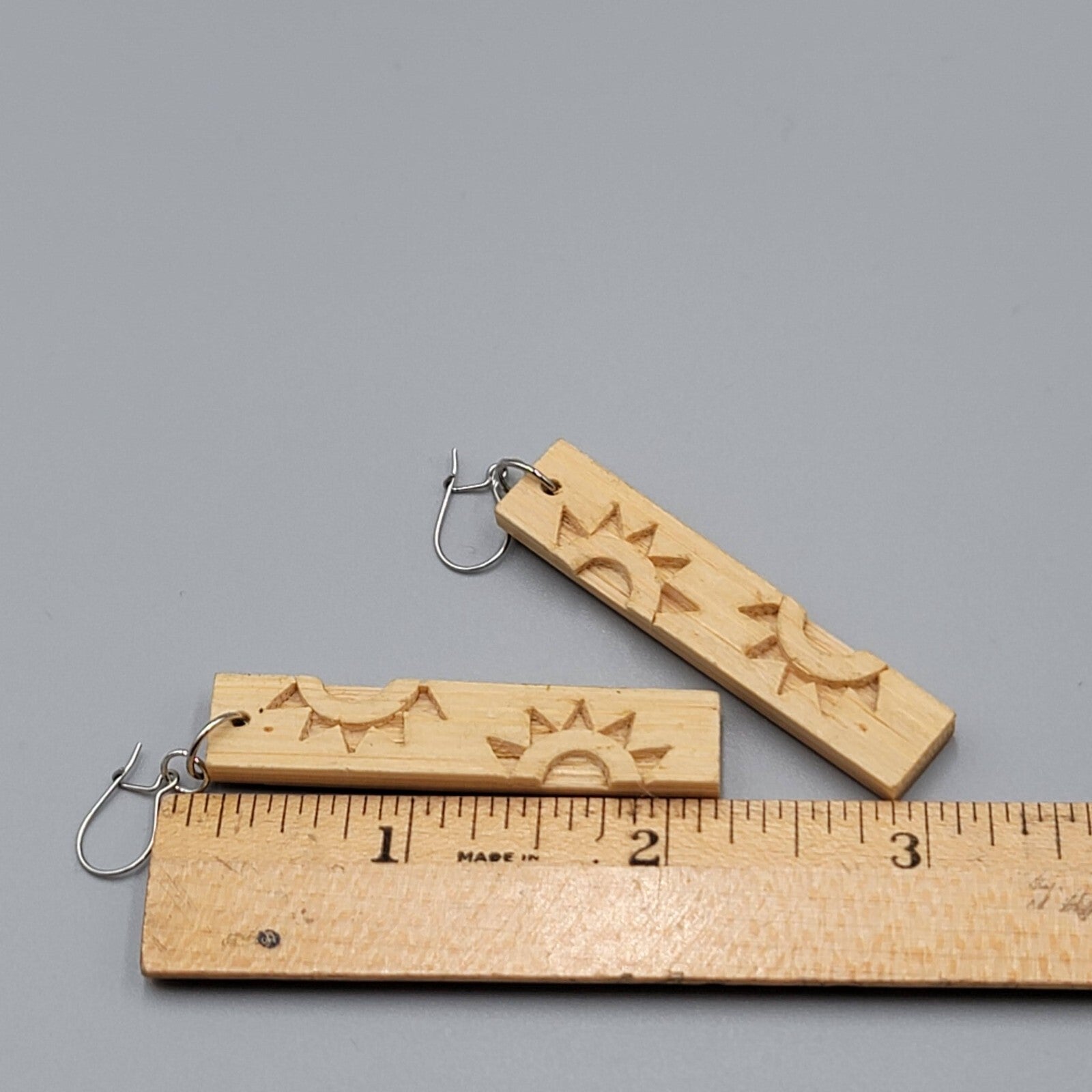 Sun Motif Wood Pierced Earrings Silver tone Dangle 2.25"