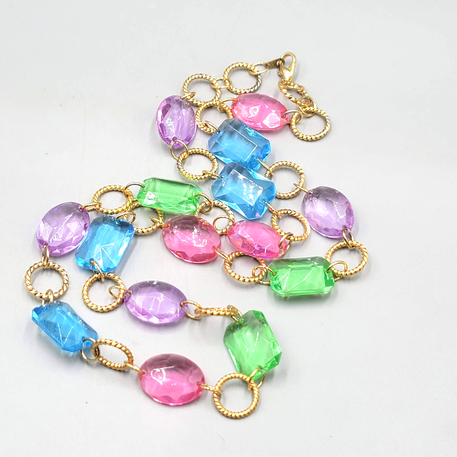 Long Statement Bead Necklace Gold tone Pink Green Blue Purple 30 in