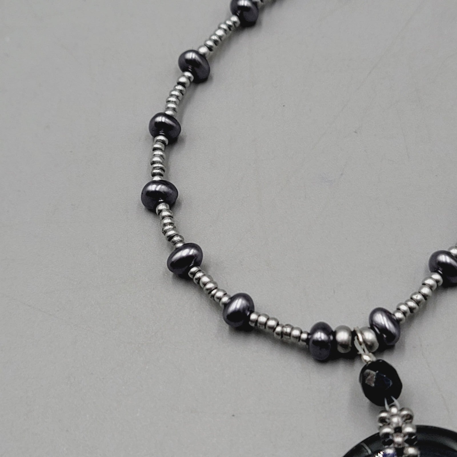 Black Hematite Beaded Necklace Silver Tone Circle Pendant Adjustable 18 Inch