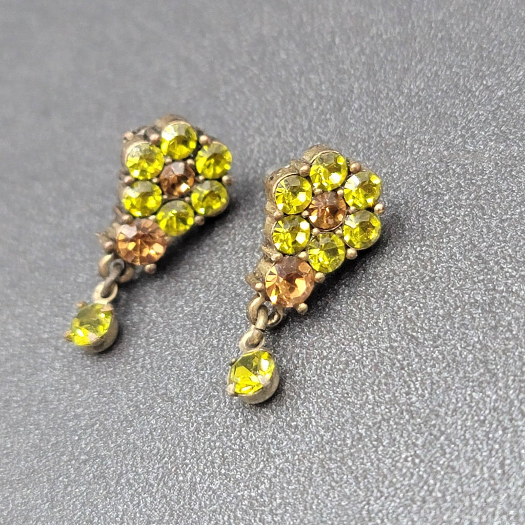 Flower Pierced Earrings Bronze tone Green Brown Crystal Dangle 3/4"