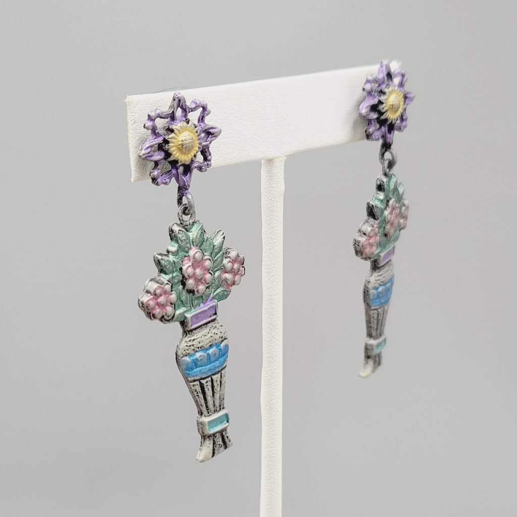 Vintage Don Lin Pierced Earrings Flower Bouquet Dangle 2.5"