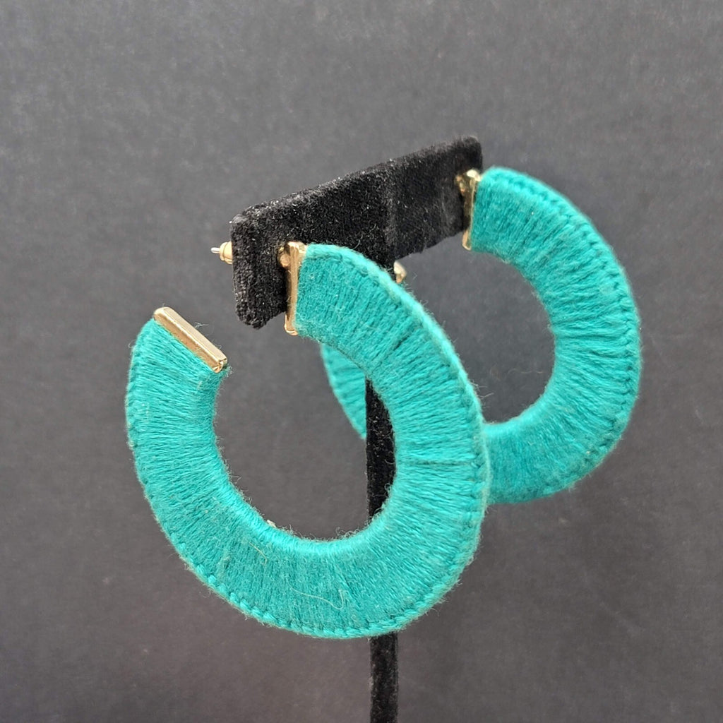 Pierced Earrings Gold tone Turquoise Blue Thread Wrapped Hoops 2 1/8"