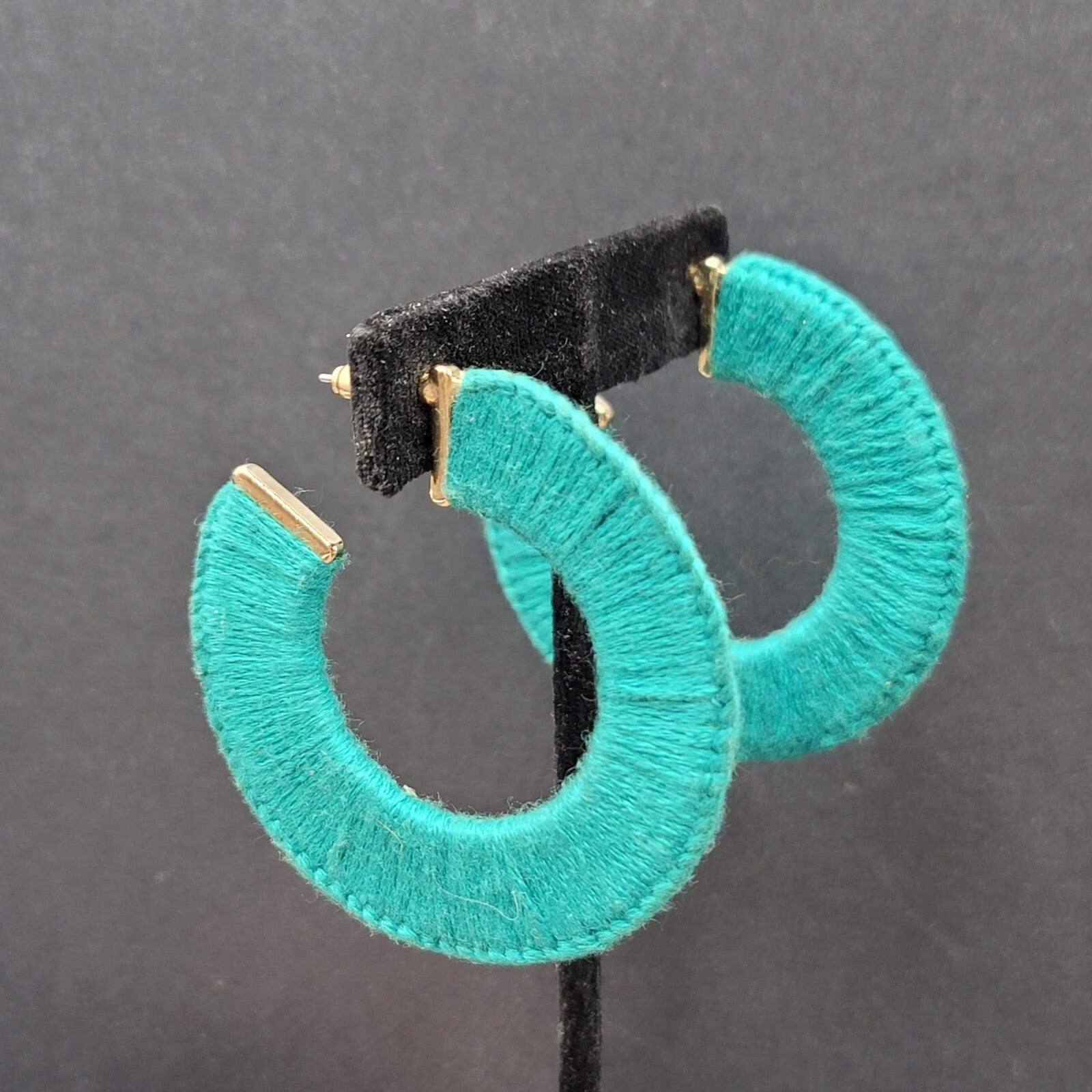 Pierced Earrings Gold tone Turquoise Blue Thread Wrapped Hoops 2 1/8"