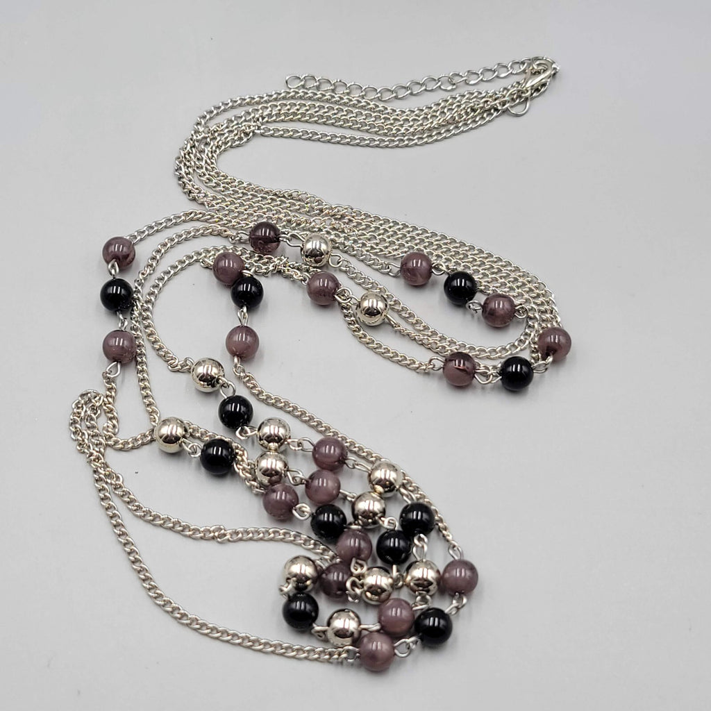 Long Double Chain Necklace Purple Black Bead Long 36" & 42"