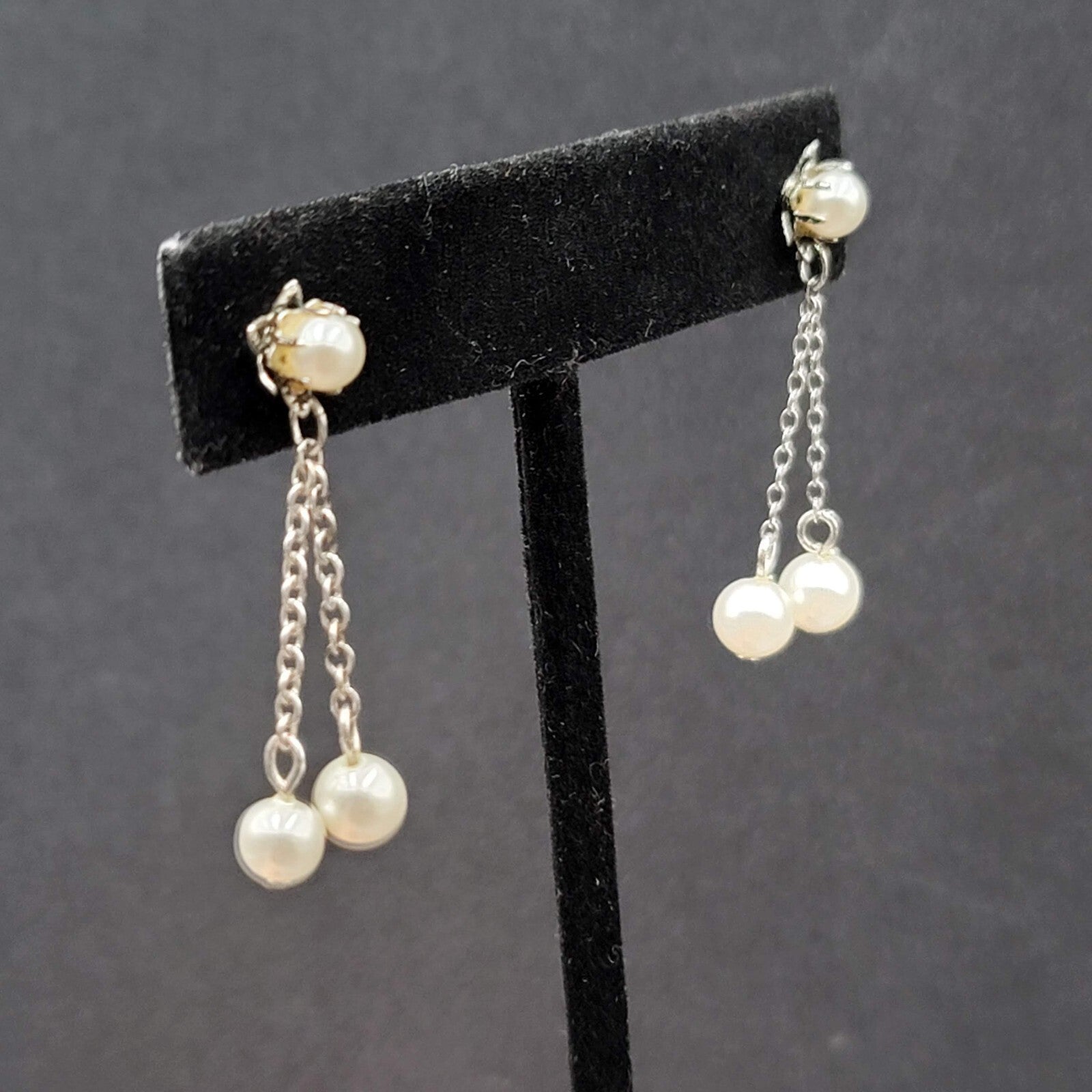 Vintage Pierced Earrings Silver tone White Bead Dangle Chains 1 3/8"