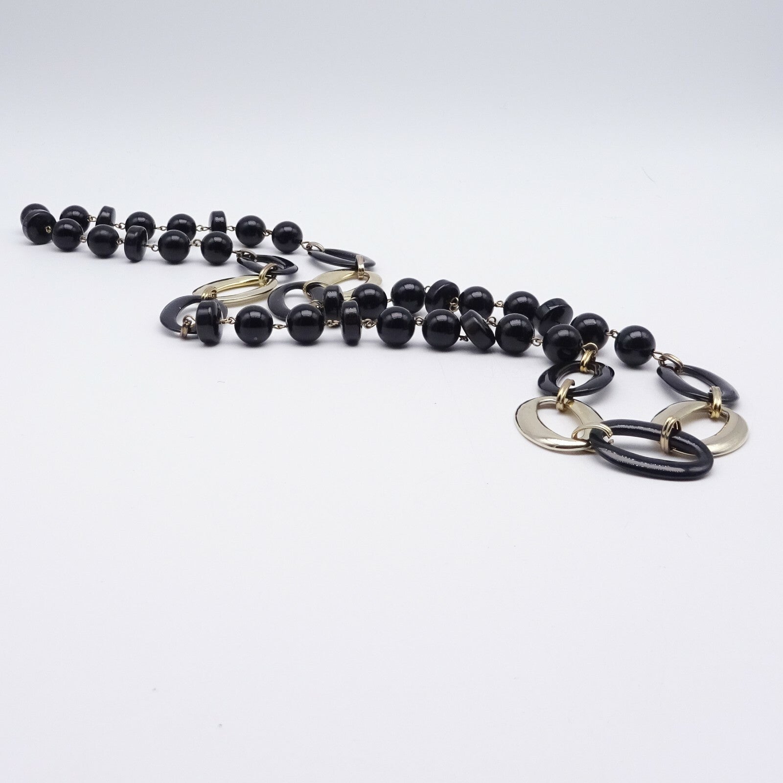Vintage Necklace Black and Gold tone Bead Statement Estate Costume Jewelry 36"
