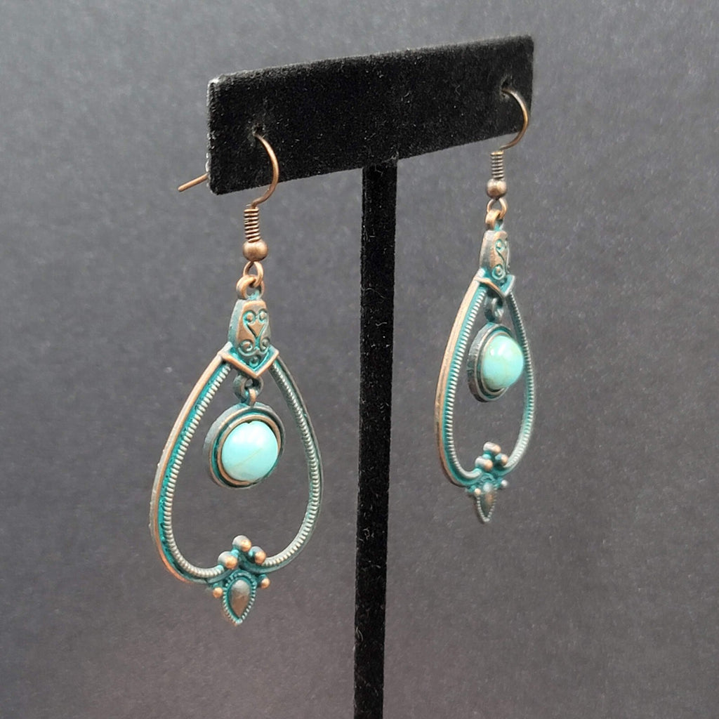 New Boho Pierced Earrings Copper tone Green Enamel Faux Turquoise Dangle 1.75"