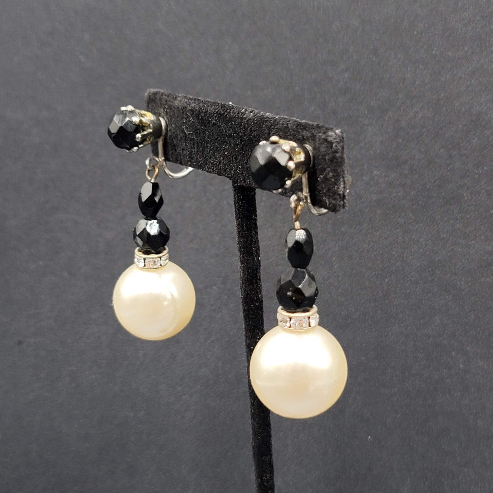 Vintage Clip on Earrings Black White Dangle Beads 1.5"
