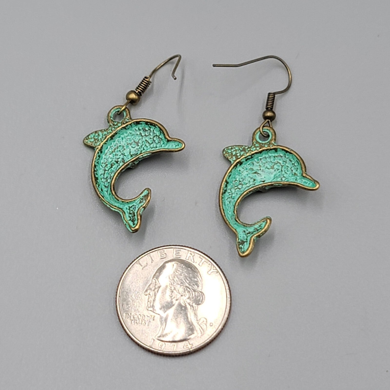 Dolphin Beach Sea life Pierced Earrings Bronze tone Green wash Dangle 1.25"