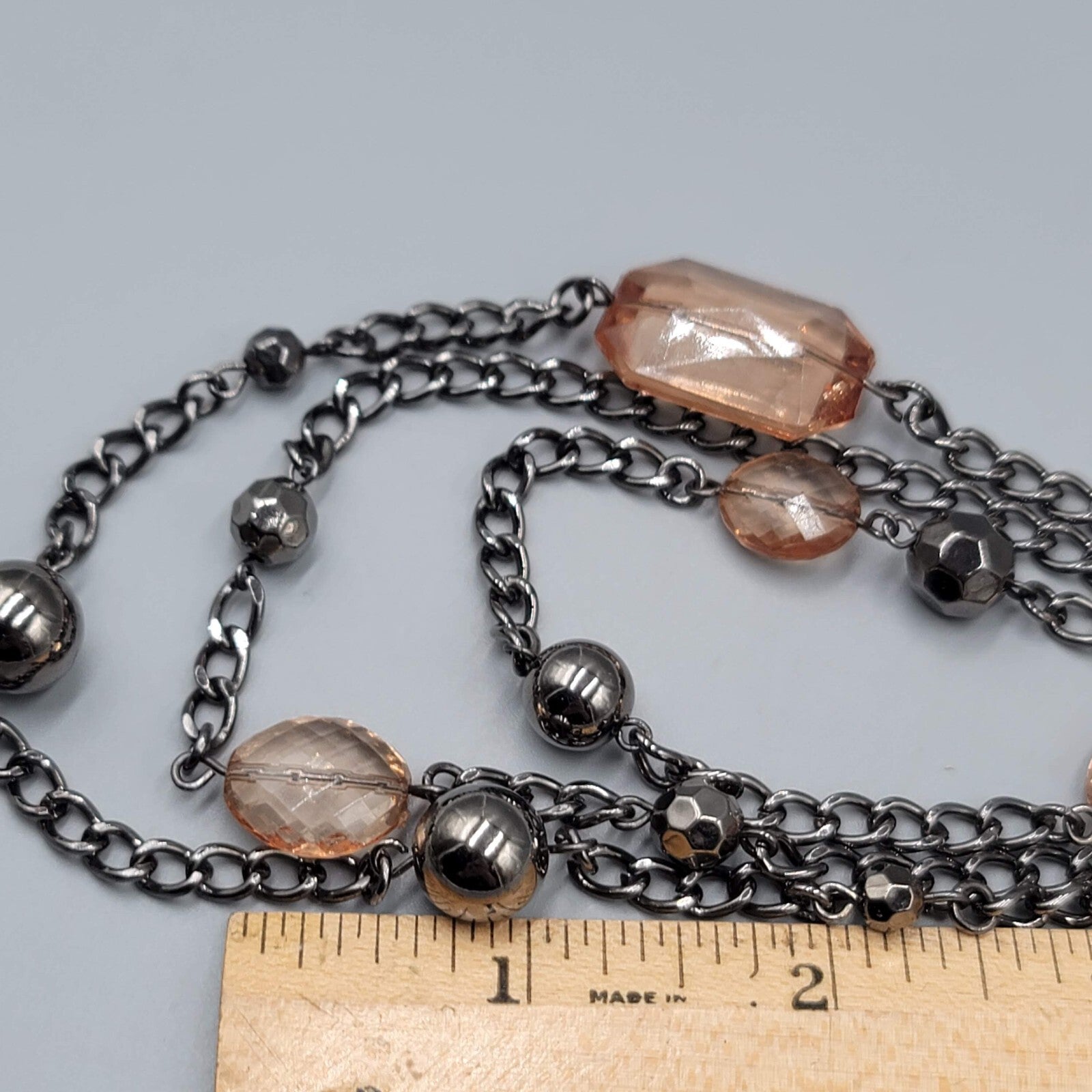 Black Metal Necklace Triple Chain Layered Long Peach Beads 30"