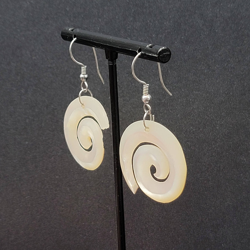 Pierced Earrings Silver tone Mother of Pearl Hand Carved Spirals  1.25"