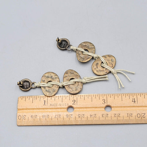 Bronze tone Drop Pierced Earrings Beige Cord Boho 3 in