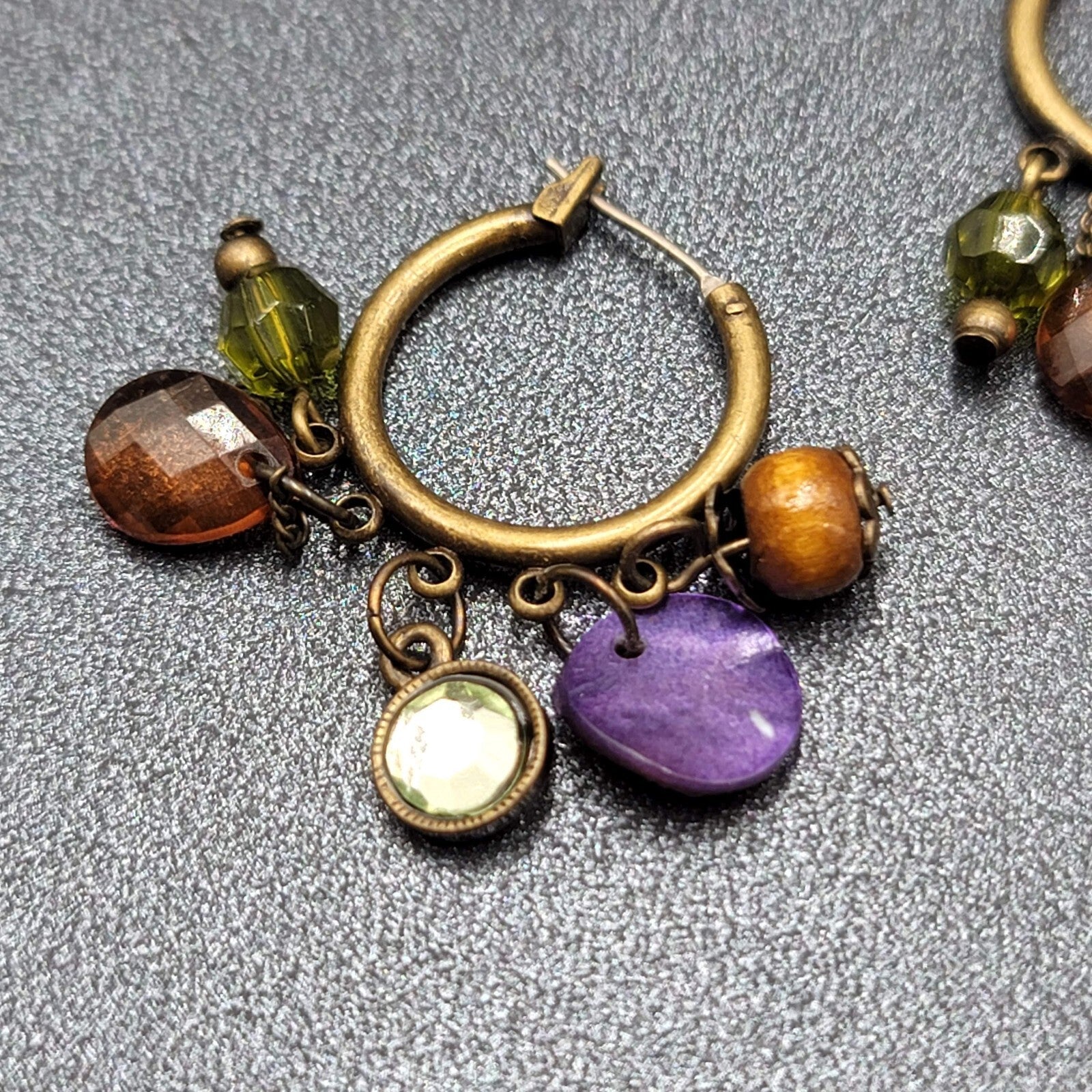 Pierced Earrings Green tone Green Orange Purple Beads Hoops 1.25"