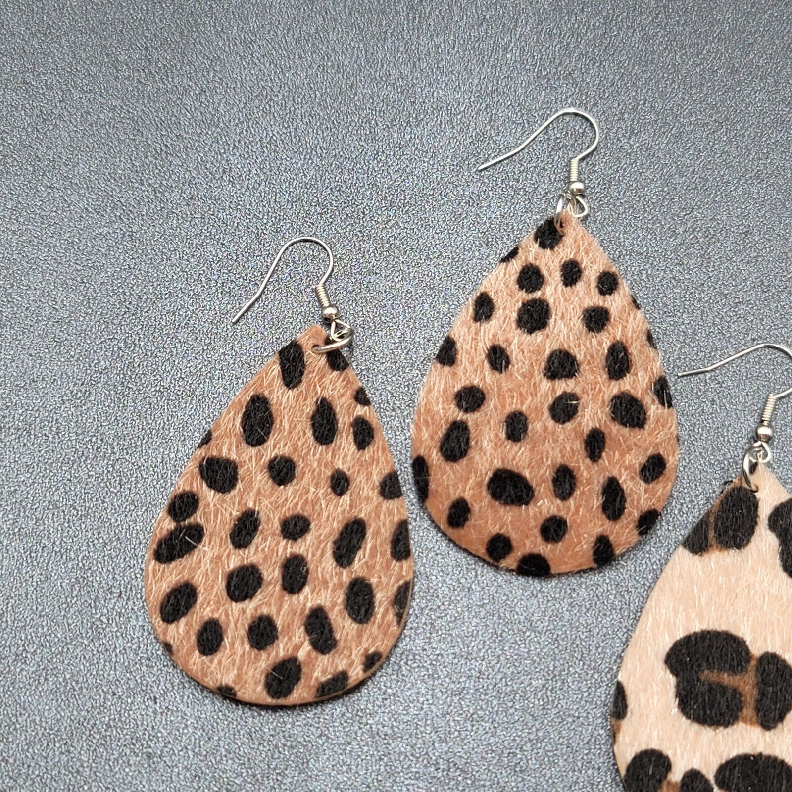 Lot of 2 Pierced Earrings Faux Leather Furry Cheetah and Leopard Print 2.25"