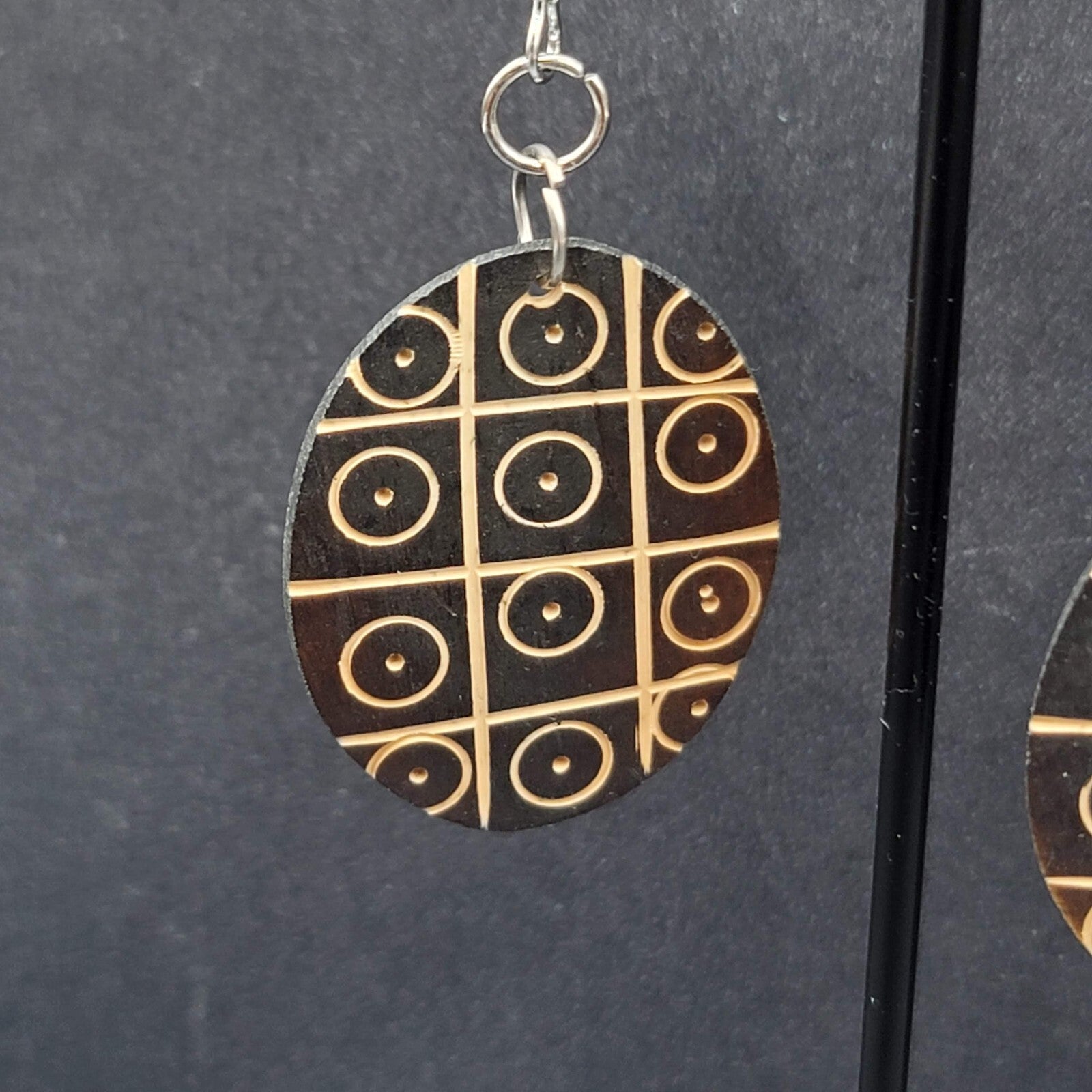 Pierced Earrings Hand Carved Wood Oval Dangle Silver tone 1.5"