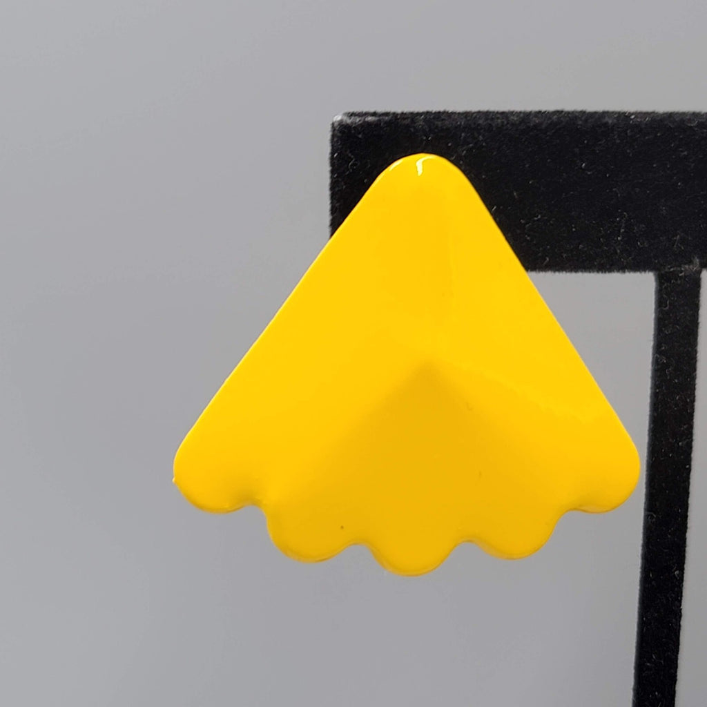 Vintage Pierced Earrings Yellow Enamel Triangle Drop Statement 80s 1.5"