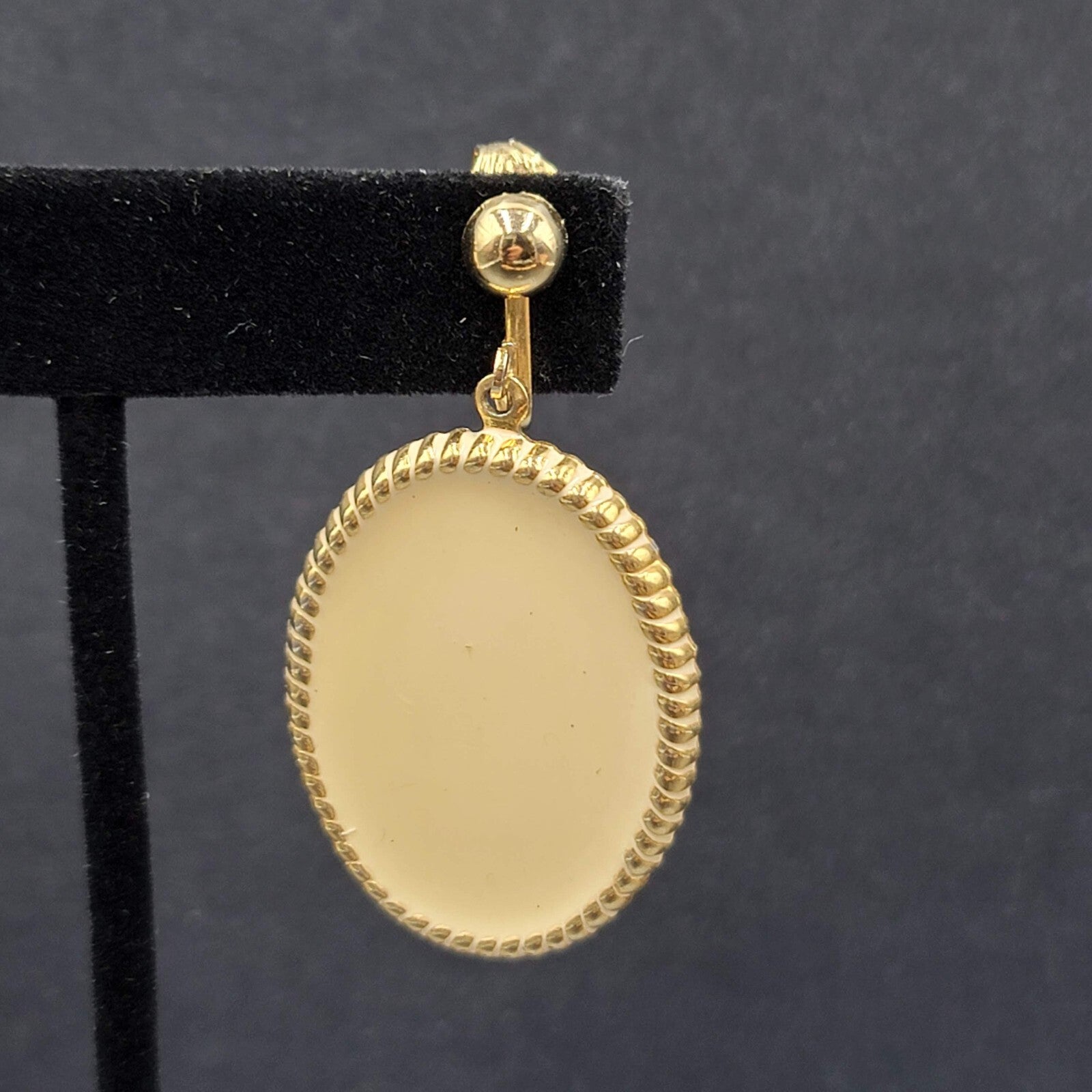 Vintage Clip on Earrings Gold tone Cream White Enamel Oval Dangle 1.5"