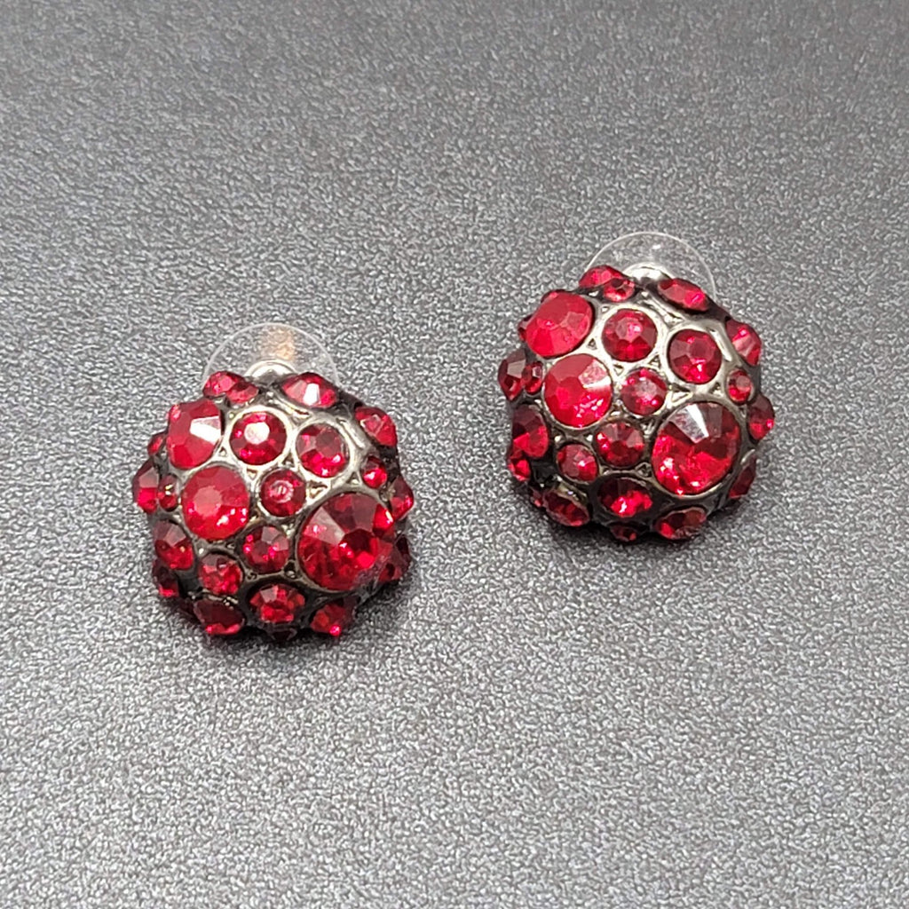 Pierced Earrings Dark Gray Metal Red Rhinestone Dome Drop Studs 3/4"