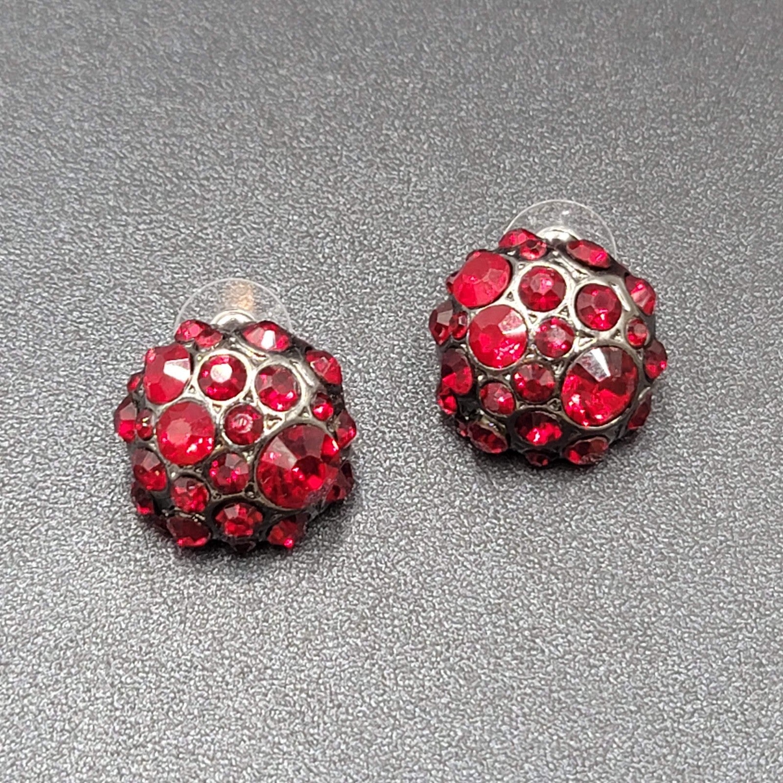 Pierced Earrings Dark Gray Metal Red Rhinestone Dome Drop Studs 3/4"