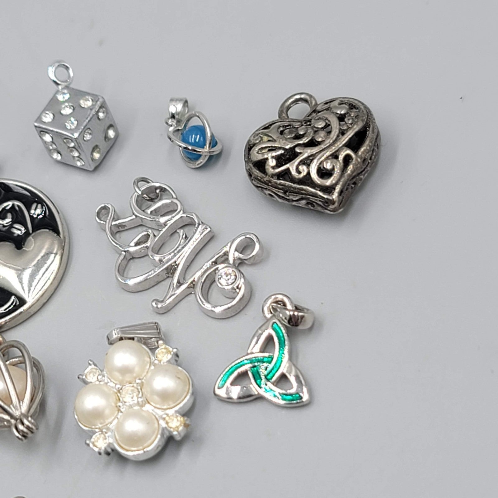 All Silver tone Pendant Lot of 16 Various Styles One Chain Included