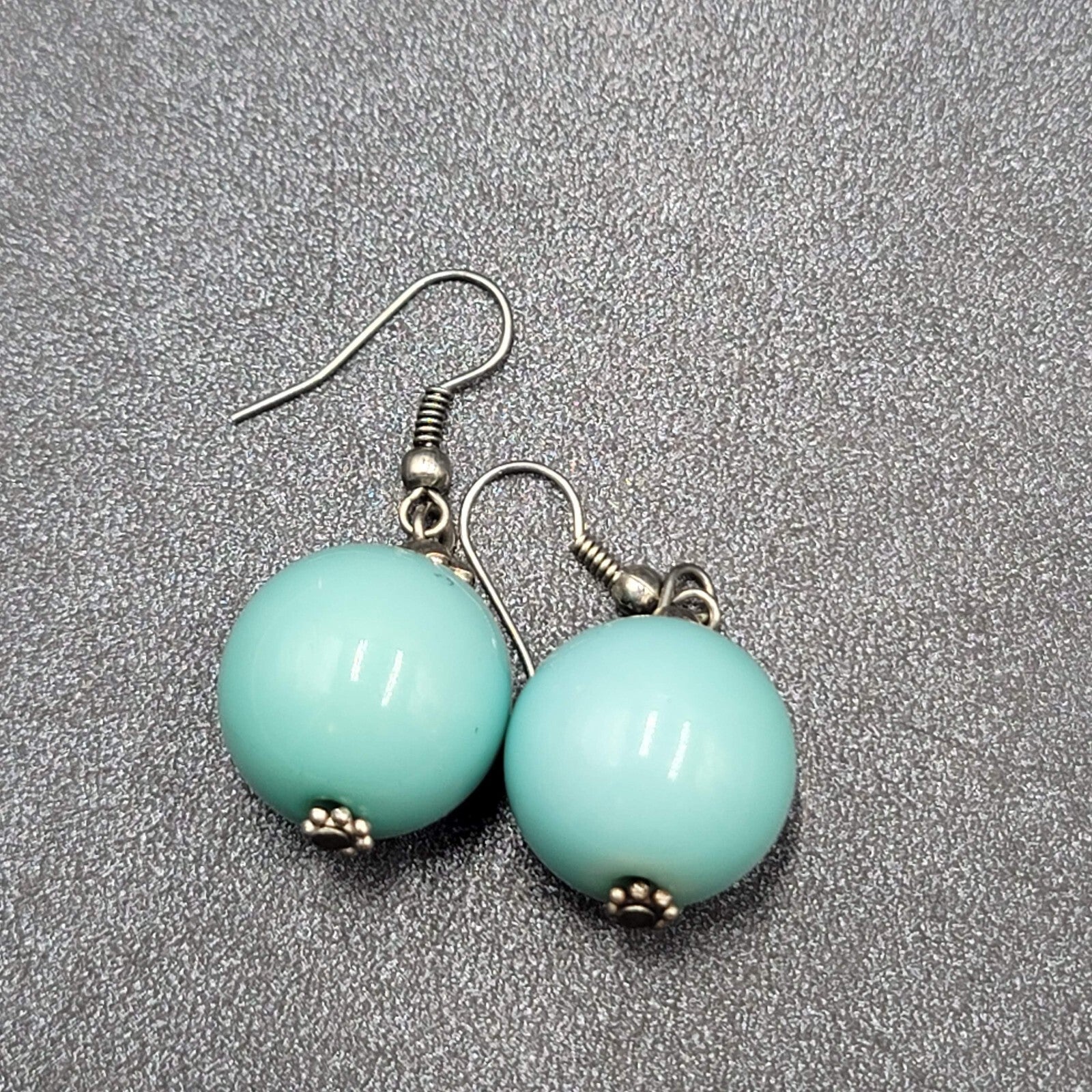 Pierced Earrings Silver tone Baby Blue Round Bead Dangle 1"