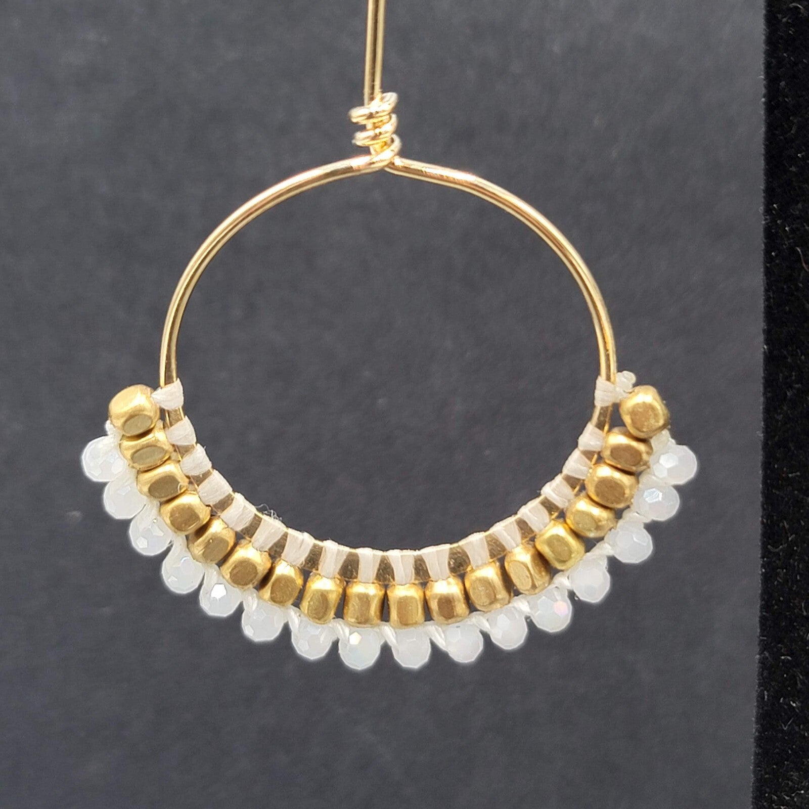 Quartz Stone Bead Pierced Earrings Long Gold tone Dangle 3"