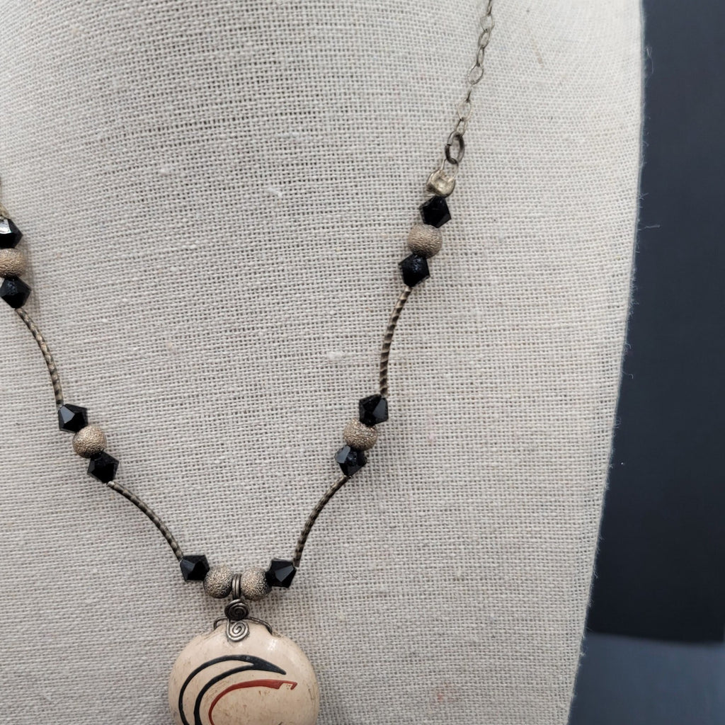 Rosy Mora Mexican Hand Painted Pottery Pendant Necklace 16" Sterling Silver