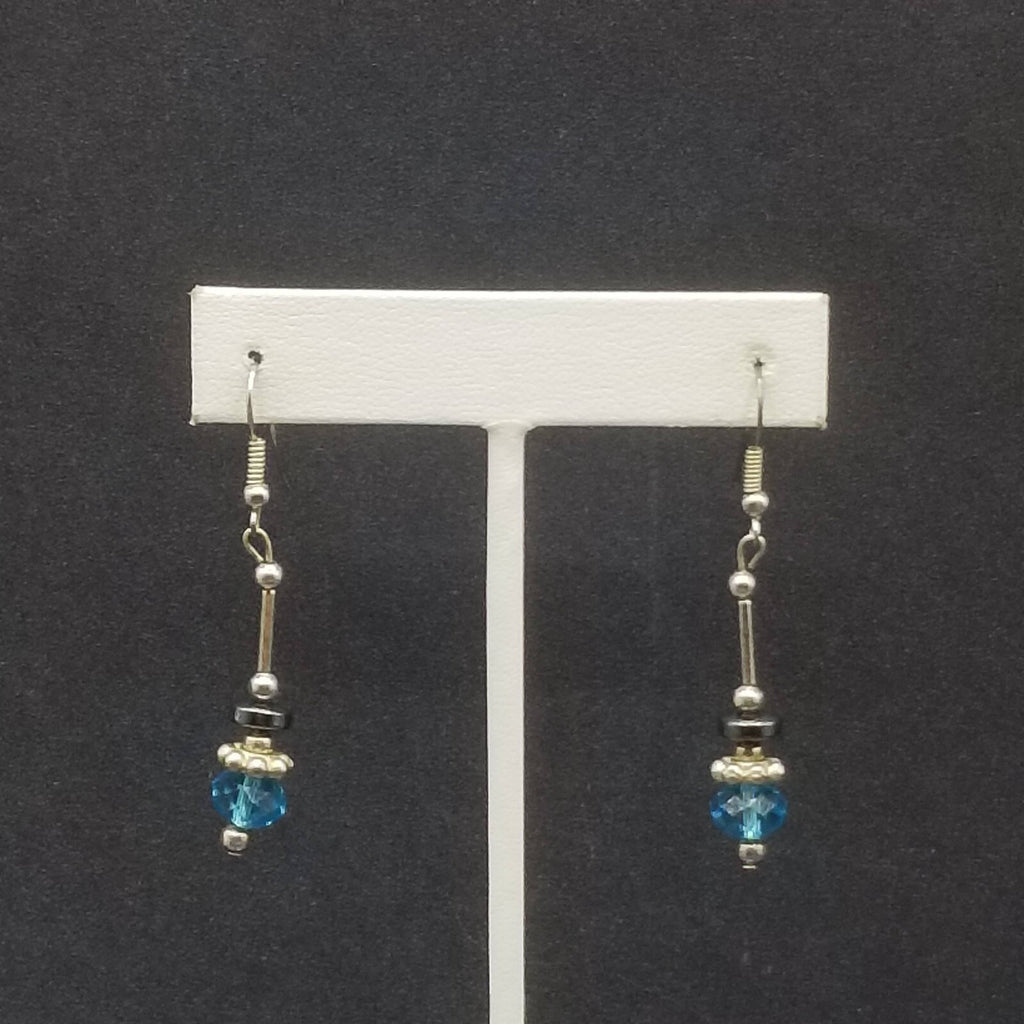 Pierced Earrings Silver tone Blue Faceted Crystal Hematite Bead Dangle 1 1/4"