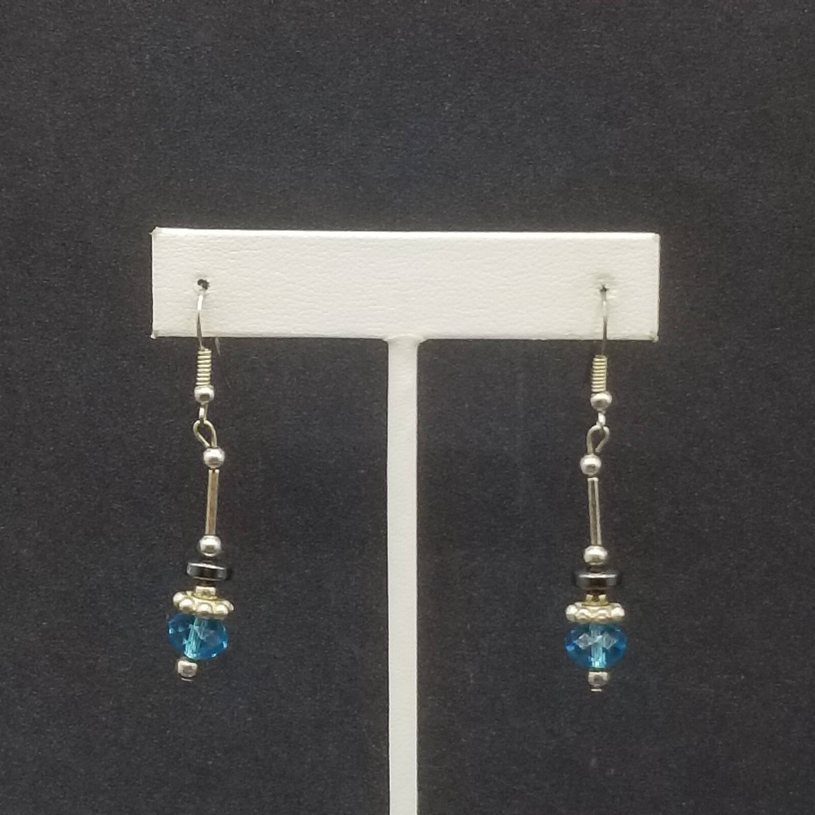 Pierced Earrings Silver tone Blue Faceted Crystal Hematite Bead Dangle 1 1/4"