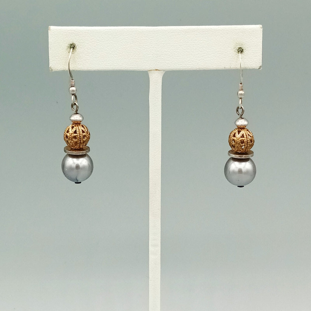Pierced Earrings Silver tone Faux Silver Pearl Gold tone Filigree Bead Dangle 1"