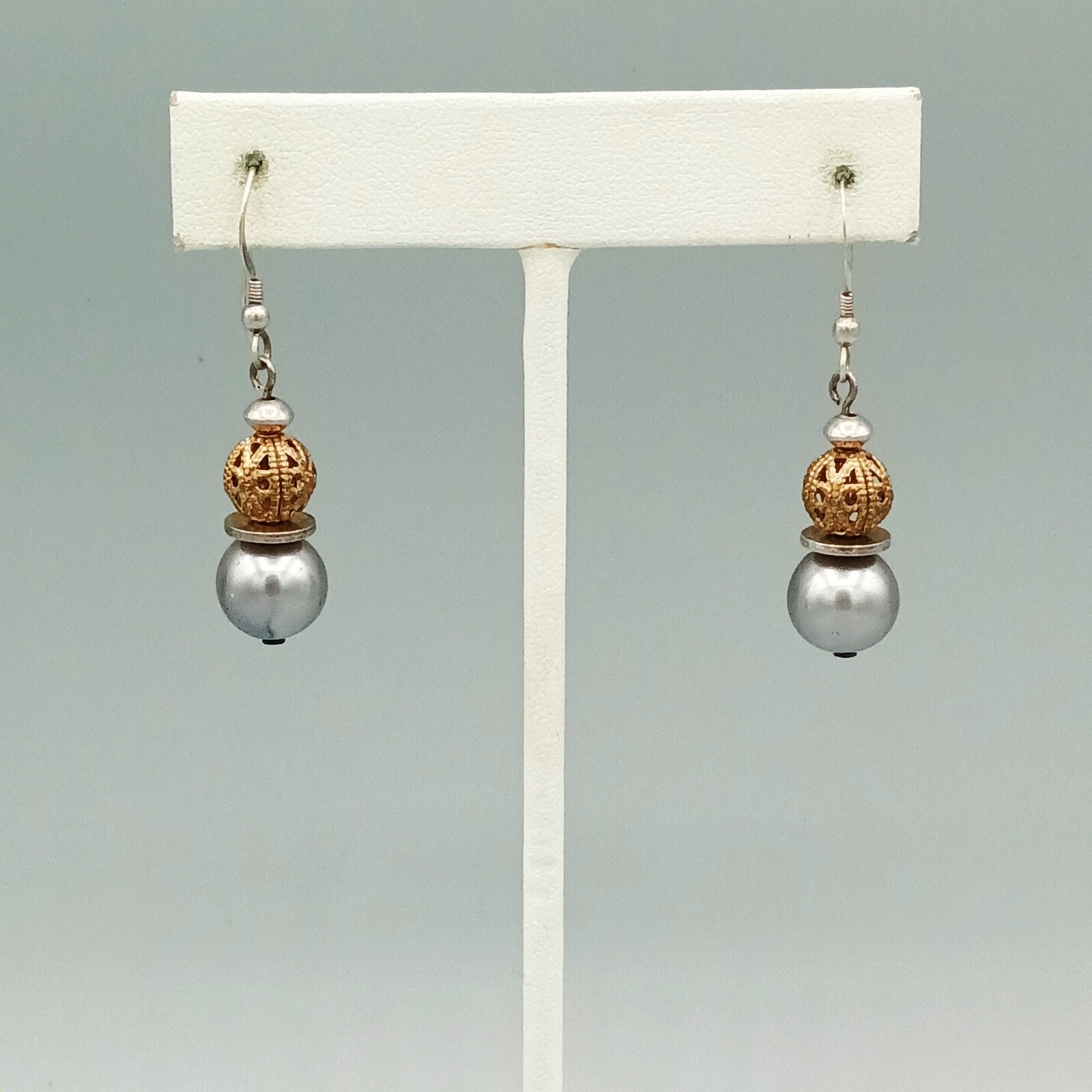 Pierced Earrings Silver tone Faux Silver Pearl Gold tone Filigree Bead Dangle 1"